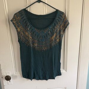 Women's Teal Short Sleeve Scoop Neck Top with Gold Foil Detail